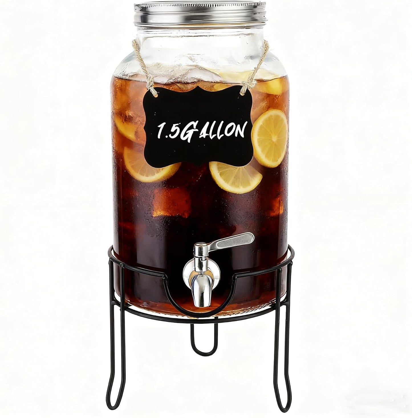 1.5 Gallon Glass Beverage Dispenser with Stand and Lid for Parties,Glass Drink Dispenser with Stainless Steel Leakproof Spigot,Mason Jar Drink Dispensers with Lids for Lemonade,Juice,Water