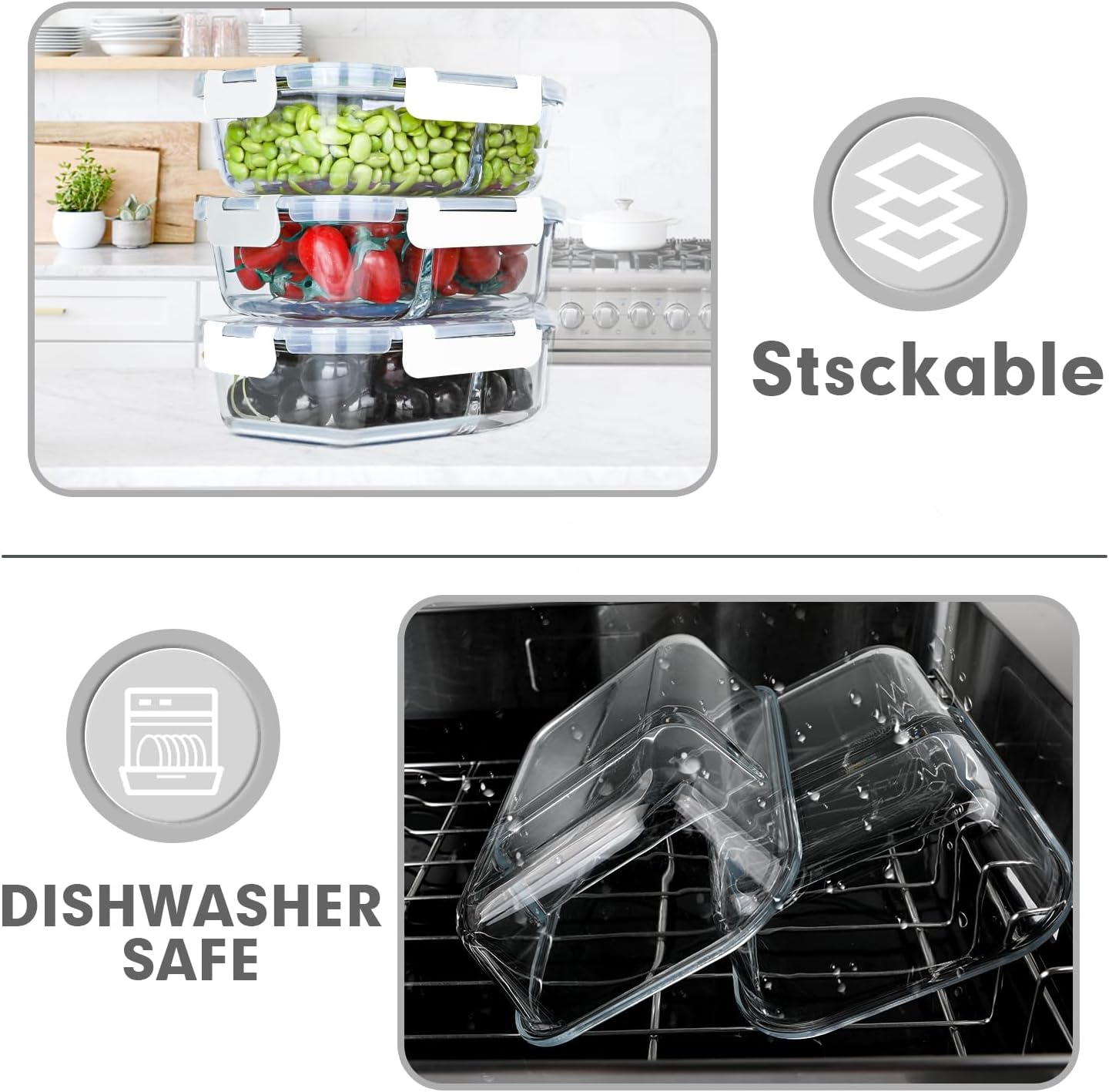 VERONES 10 Pack Glass Meal Prep Containers 2 Compartment Set, 30 OZ Airtight Glass Lunch Containers, Food Storage Containers with Lids, for Microwave, Oven, Freezer & Dishwasher Friendly，Red