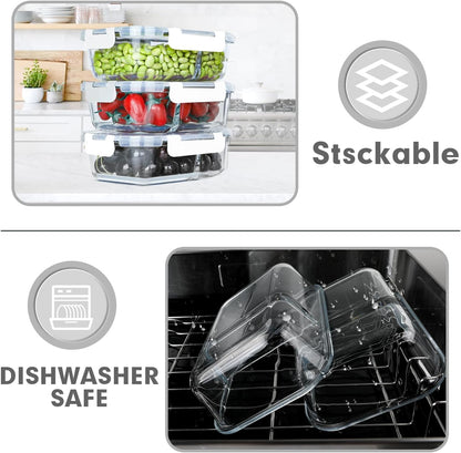 VERONES 10 Pack Glass Meal Prep Containers 2 Compartment Set, 30 OZ Airtight Glass Lunch Containers, Food Storage Containers with Lids, for Microwave, Oven, Freezer & Dishwasher Friendly，Red