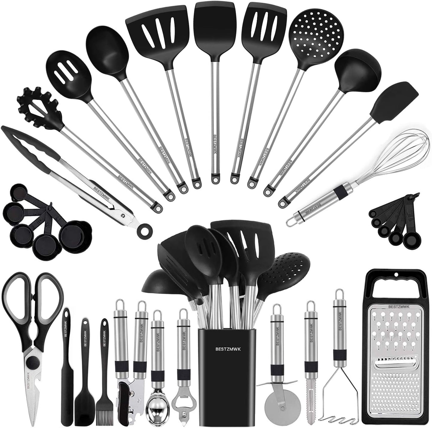 Kitchen Utensil Set-Silicone Cooking Utensils-33 Kitchen Gadgets & Spoons for Nonstick Cookware-Silicone and Stainless Steel Spatula Set-Best Kitchen Tools, Useful Pots (Khaki)