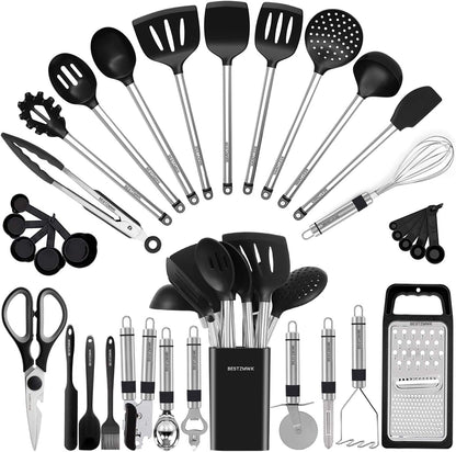 Kitchen Utensil Set-Silicone Cooking Utensils-33 Kitchen Gadgets & Spoons for Nonstick Cookware-Silicone and Stainless Steel Spatula Set-Best Kitchen Tools, Useful Pots (Khaki)