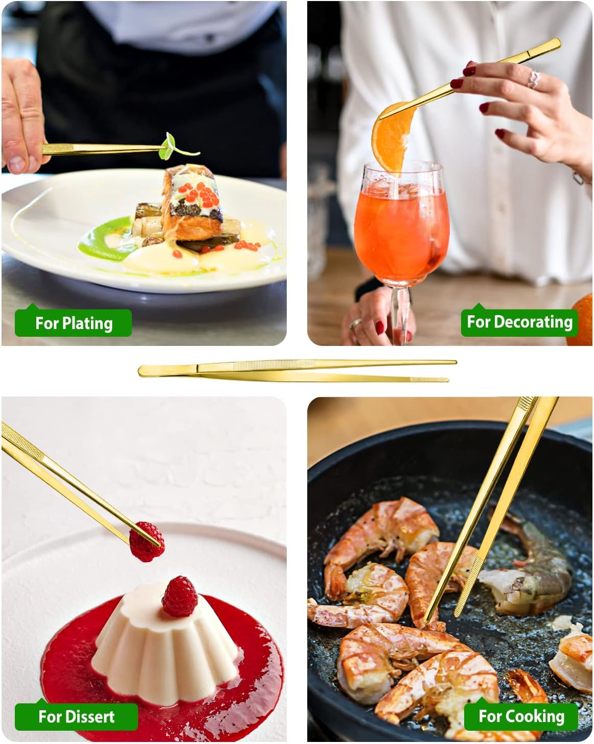 4 Pcs Fine Long Tweezer Tongs Professional Black, 12'' and 10'' Stainless Steel for Kitchen, Food, Cooking, Repairing, Sea food and BBQ