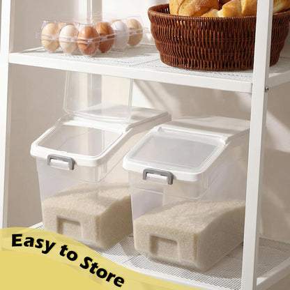 Sunnyray 4 Pcs Rice Storage Container 22 lb Airtight Flour Container with Wheels Measuring Cup Clear Pet Food Cube Dog Cat Birds Food Bin Grain Cereal Organizer Box for Dry Baking Supplies(White Lid)