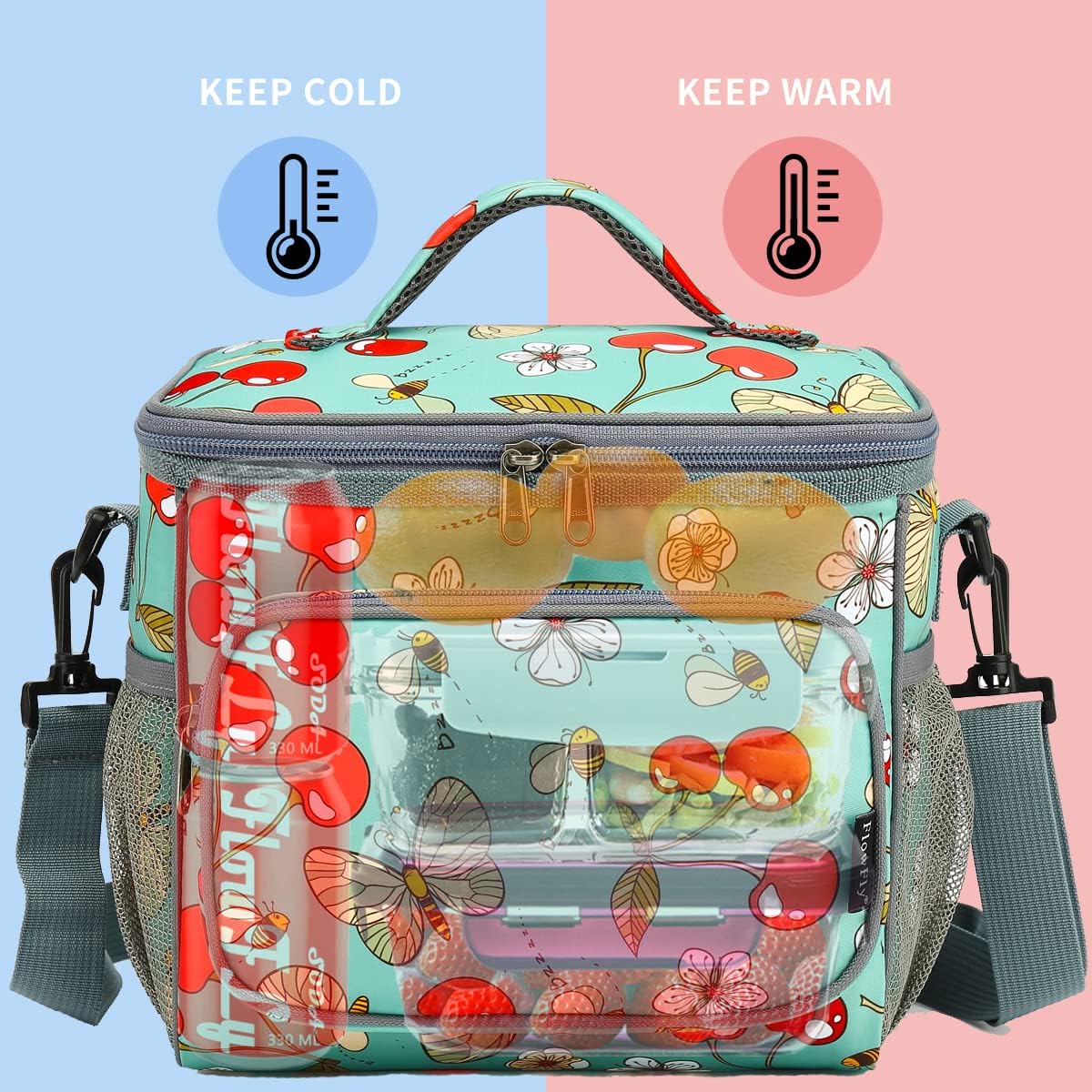 FlowFly Insulated Reusable Lunch Bag Adult Large Lunch Box for Women and Men with Adjustable Shoulder Strap,Front Zipper Pocket and Dual Large Mesh Side Pockets,Cherry - Colors A