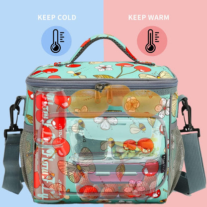 FlowFly Insulated Reusable Lunch Bag Adult Large Lunch Box for Women and Men with Adjustable Shoulder Strap,Front Zipper Pocket and Dual Large Mesh Side Pockets,Cherry - Colors A