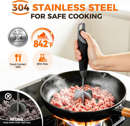Meat Masher, 304 Stainless Steel Ground Beef Masher with Ergonomic Handle