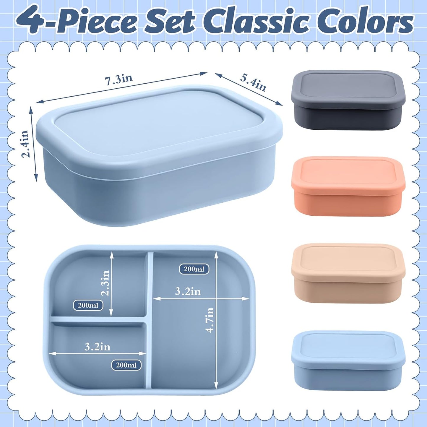Honeydak 6 Pcs Silicone Bento Box Reusable Silicone Bento Lunch Container for Adults Microwave Dishwasher Freezer Safe 3 Compartment (Light Colors)