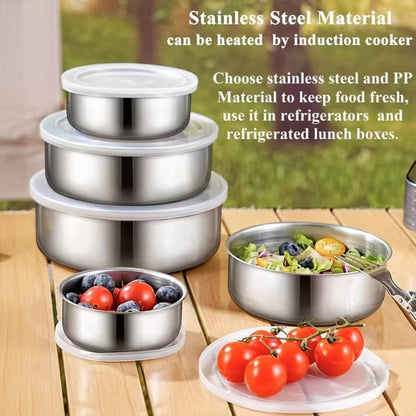 5 Pcs Stainless Steel Mixing Bowls with Lids, Nesting Food Storage Containers for Kitchen Fridge, Stackable Metal Serving & Prep Bowl Set