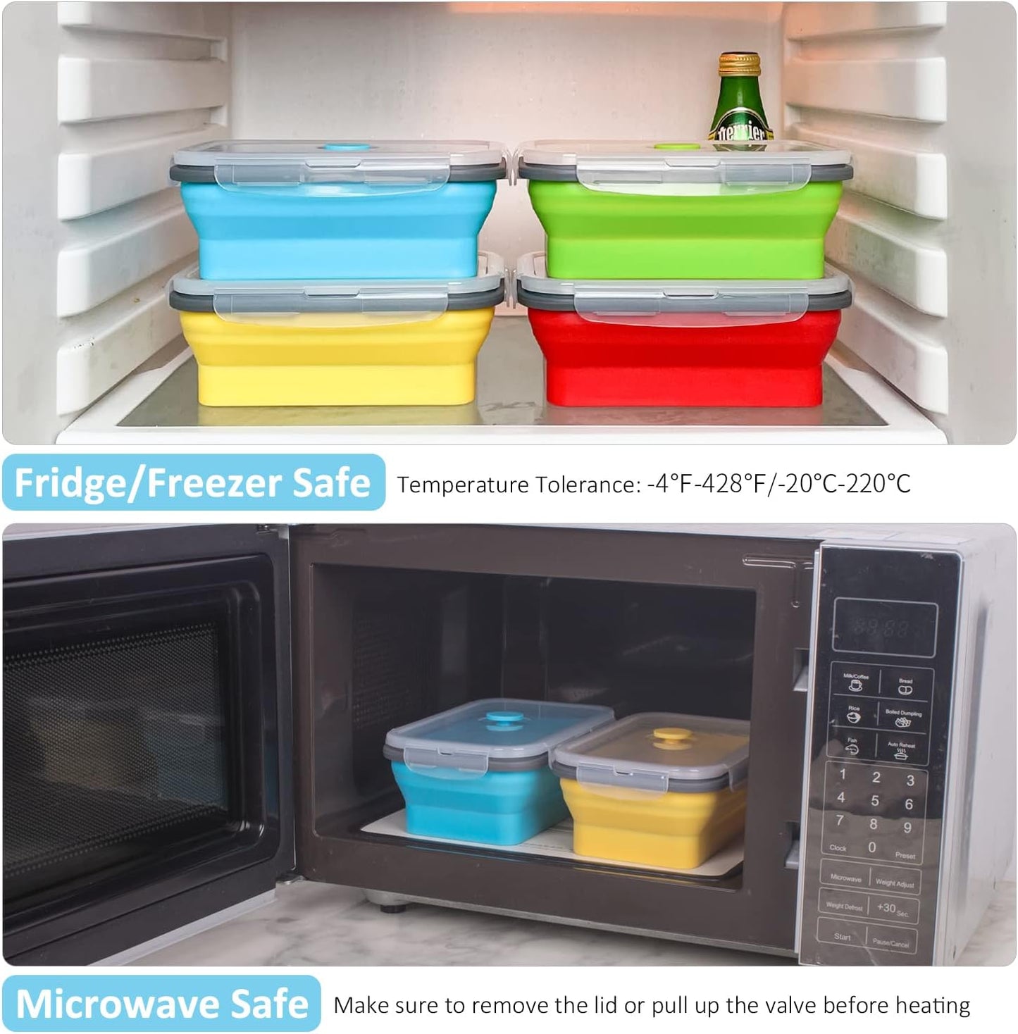 Collapsible Food Storage Containers with Lids, 4 Pack, 40 oz Silicone 1-Compartment Meal Prep Containers Reusable, Lunch Bento Boxes for Adults, Microwave Freezer Dishwasher Safe, BPA-Free, Black