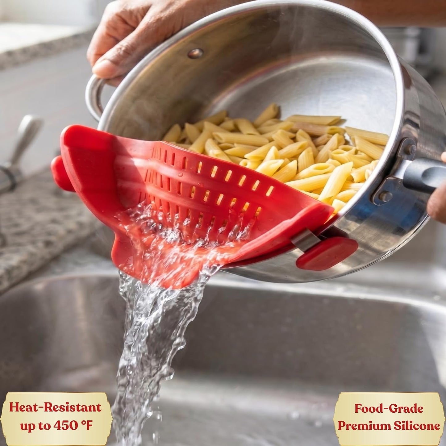 Clip On Strainer Silicone for Pots and Pans, Universal Fit Pasta Strainer and Pot Colander, Space Saving Food Drainer with Collapsible Funnel and Garlic Peeler, 3 Pcs Set, Gray