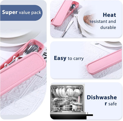 HANSGO Travel Utensils with Case, 4PCS Stainless Steel Portable Cutlery Set, Built-in Card Slot Design for Fixing Tableware, Easy-Open Lid, Lunch Box for Camping Work School, Dishwasher Safe, Beige