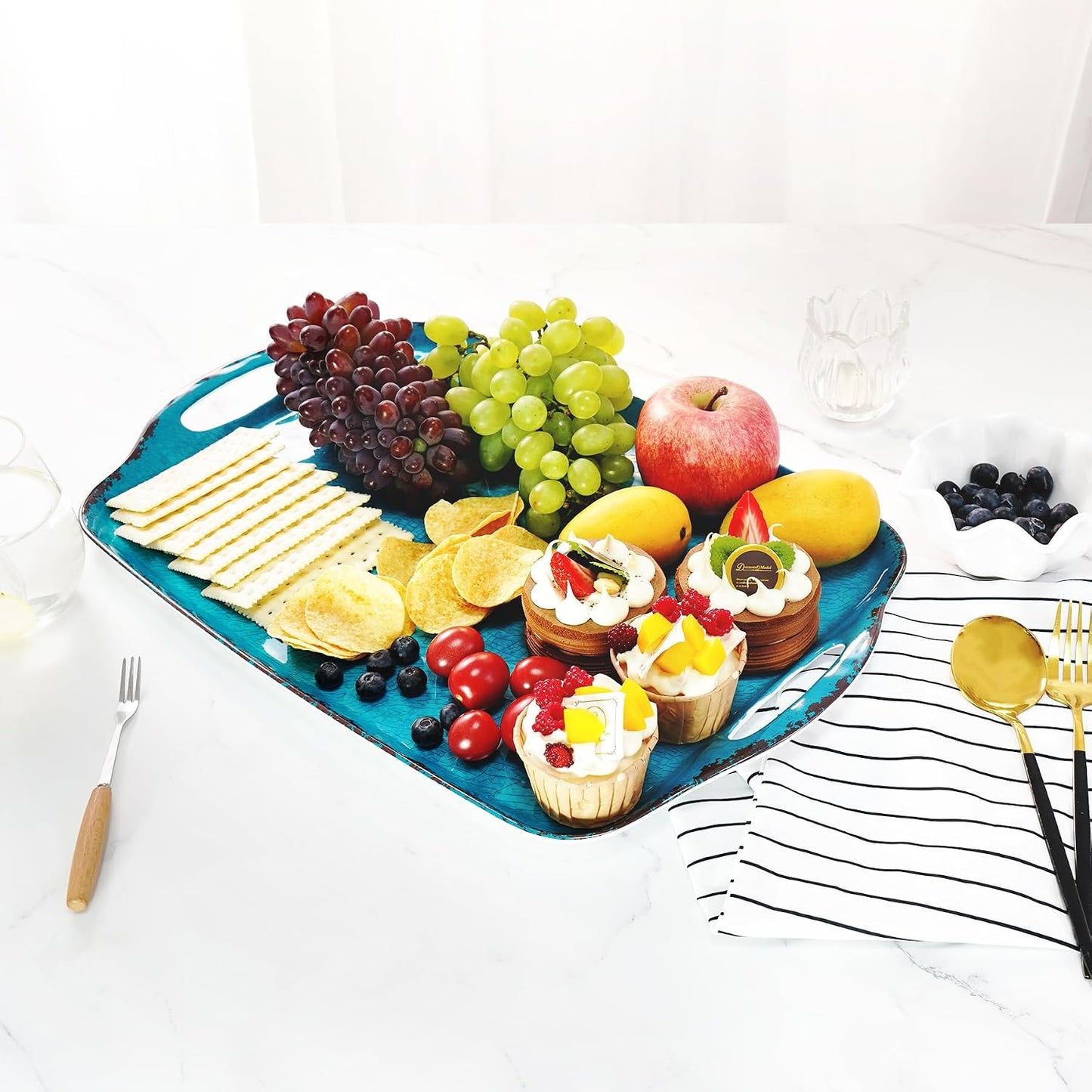 TP Large Serving Trays with Handles, 19" x 12" Melamine Serving Platters for Food, Turkey, Set of 2 Rectangular Trays for Party, Pure White
