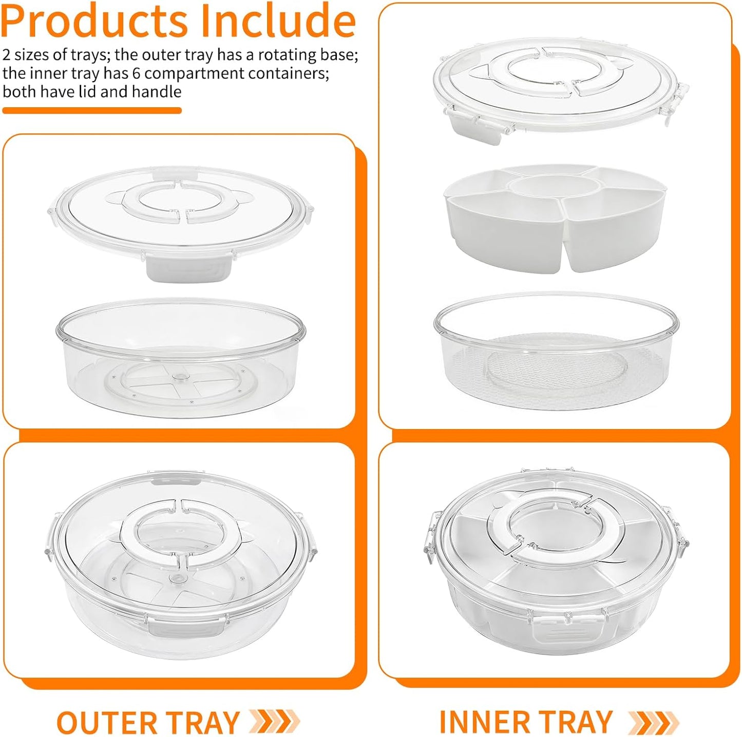 2 Pack Divided Rotating Serving Tray with Lid and Handle, Portable Snack Box Container for Fruits Candy Organizer, Stackable Spinning Rounded Veggie Tray for Kitchen and Picnic, 2 Sizes