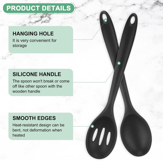 M METERXITY 2-Pack Silicone Cooking Spoons, 10.6" Mixing Nonstick Slotted and Solid Serving Spoons, Heat Resistant Utensils for Kitchen/Cooking/Baking/Stirring