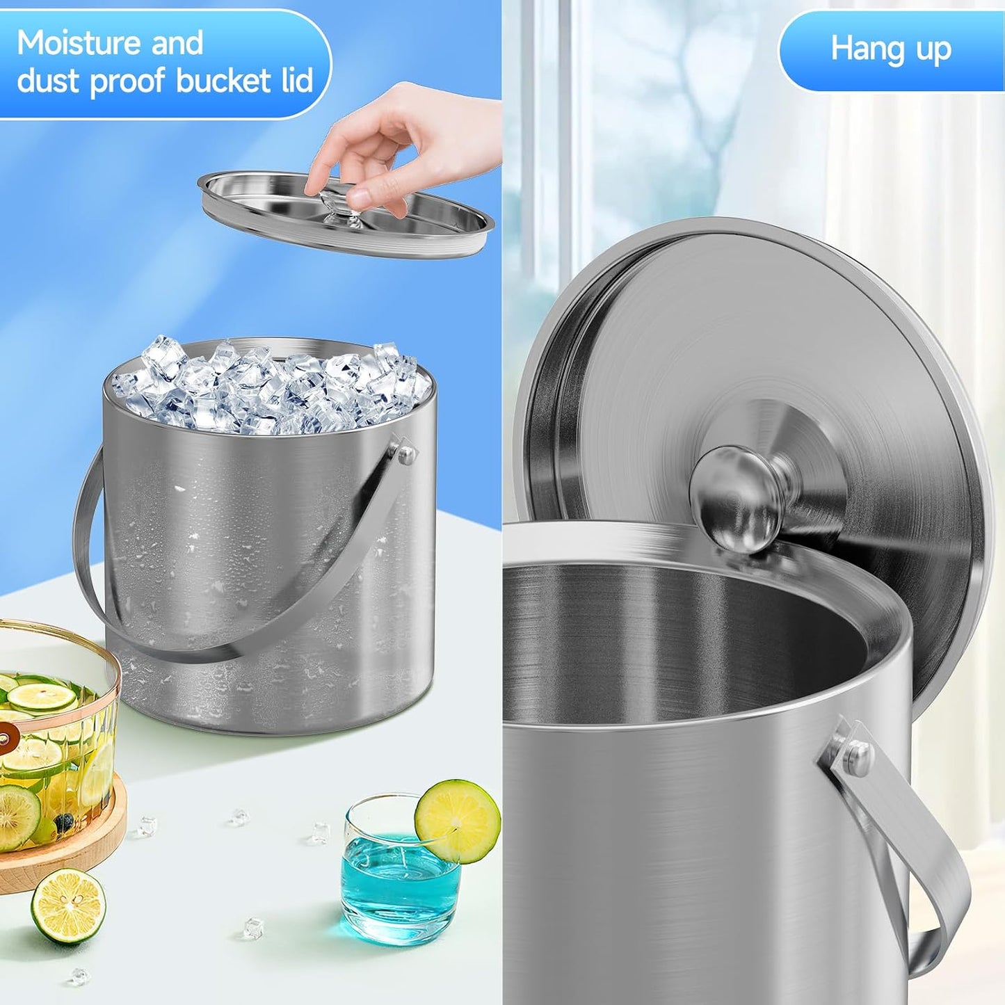 Ice Bucket, Ice Bucket with Lid Ice Tong Ice Scoop and Strainer for Cocktail Parties 3L Stainless Steel Insulated Ice Bucket Double Wall Keeps Ice Cold&Dry for Home Bar Beer Champagne