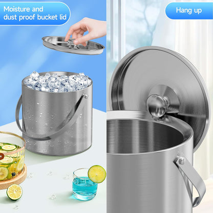 Ice Bucket, Ice Bucket with Lid Ice Tong Ice Scoop and Strainer for Cocktail Parties 3L Stainless Steel Insulated Ice Bucket Double Wall Keeps Ice Cold&Dry for Home Bar Beer Champagne