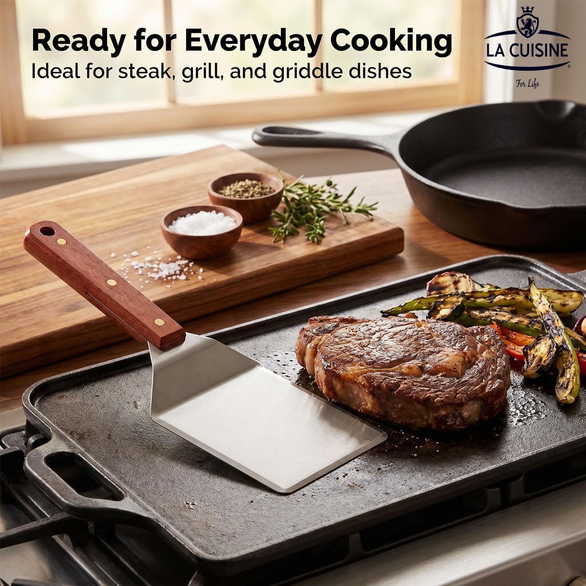 La Cuisine Extra Flexible Stainless Steel Fish Slotted Spatula Turner with Beveled Edge Wood handle, 6.5" Blade, 11" Length for Flipping Fish, Eggs, Pancakes, Patties & Fries