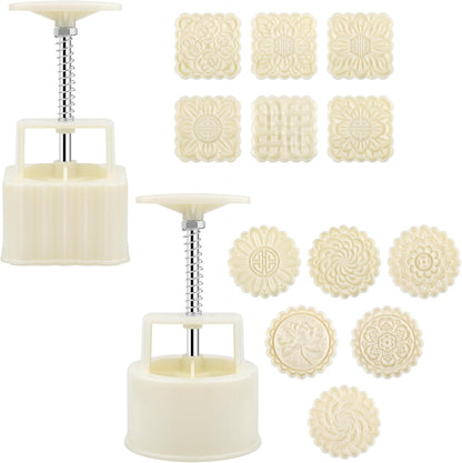 Luxiv 50g Mooncake Mold Set, 12 Patterns Round And Square Hand Press Molds