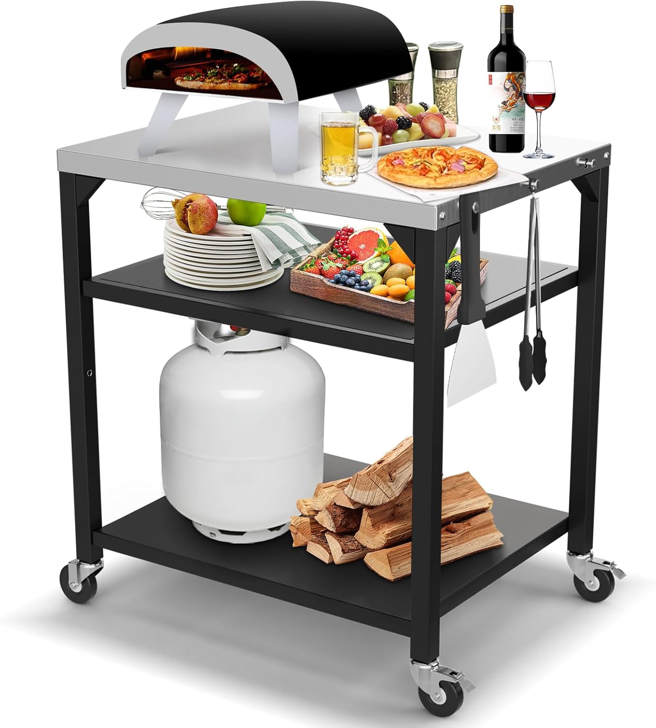 Upgraded Pizza Oven Cart Table for Ooni Koda/Karu/Fyra 16 & 12, Movable Thicken & Widen Rolling Kitchen Cart, Outdoor Grill Stand for Ninja Woodfire,Blackstone Griddle,Barbecue Tool Set