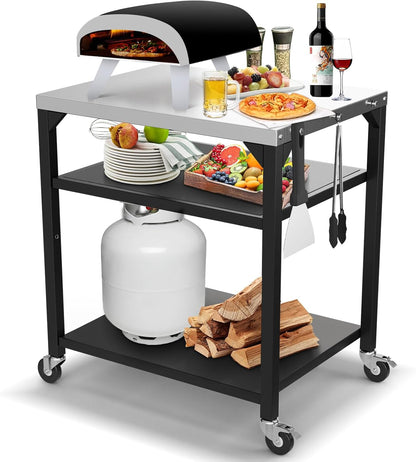Upgraded Pizza Oven Cart Table for Ooni Koda/Karu/Fyra 16 & 12, Movable Thicken & Widen Rolling Kitchen Cart, Outdoor Grill Stand for Ninja Woodfire,Blackstone Griddle,Barbecue Tool Set
