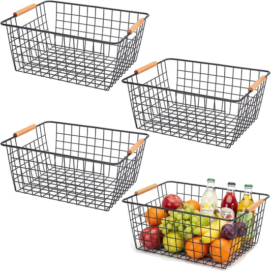 4 Pack Black Large Wire Baskets for Organization Metal Wire Food Storage Basket Organizer with Wooden Handles for Organizing Kitchen Cabinets