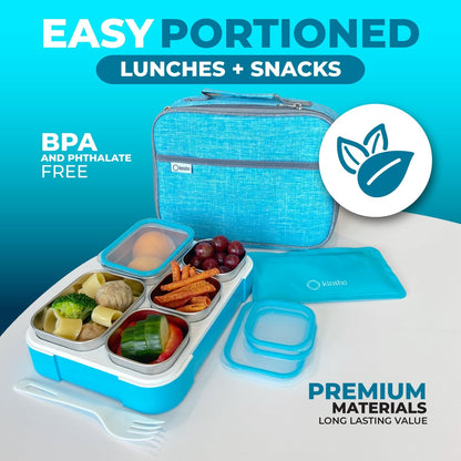 Stainless Steel Bento Lunch Box Set For Adults, Kids - Insulated Bag And Ice Pack - Leak-Proof Metal Compartment Meal Prep Food & Snack Containers For Work Travel School Daycare, 42 Oz Grey Black