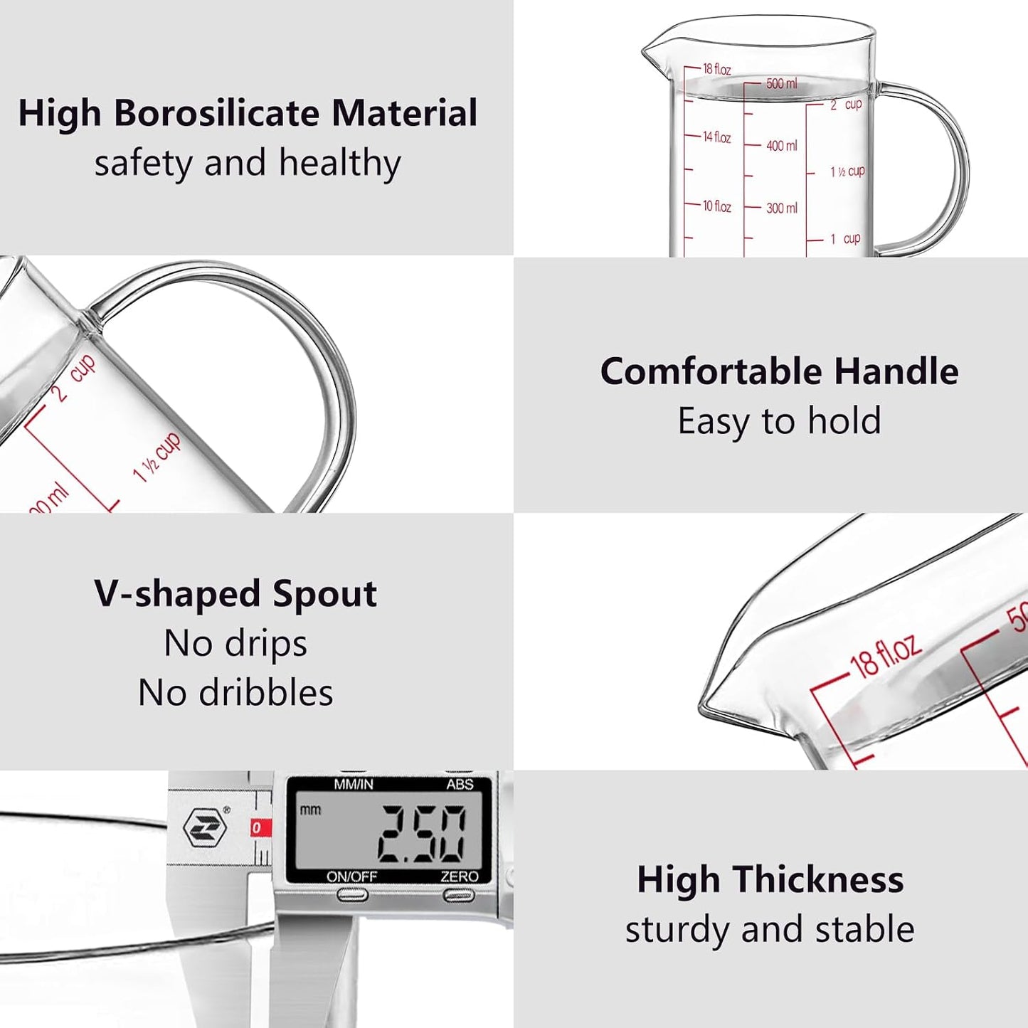 Luvan 34OZ/1000ML Glass Measuring Cup, 4 Cup Glass Measuring Cups With 3 Scales (Ml/Oz/Cup), High Borosilicate Measuring Cup With Handle and V-Shaped Spout, Dishwasher/Freezer/Microwave Safe