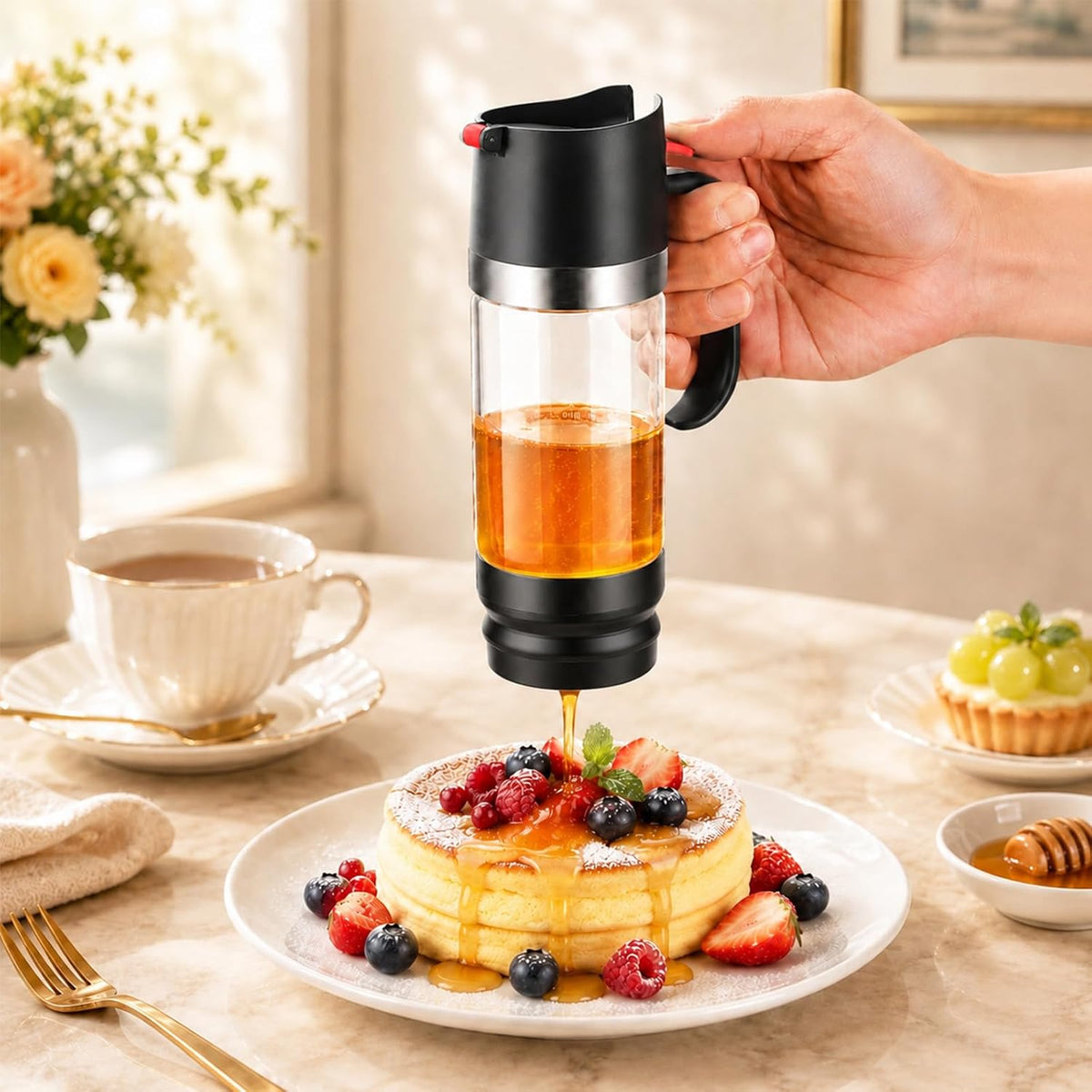 Honey Dispenser No Drip, Glass Honey Dispenser with Stand, 10oz Borosilicate Mess-Free Honey Jar with Ergonomic Handle, Precision Pouring Container for Honey, Maple Syrup, Chocolate Syrup (Black)