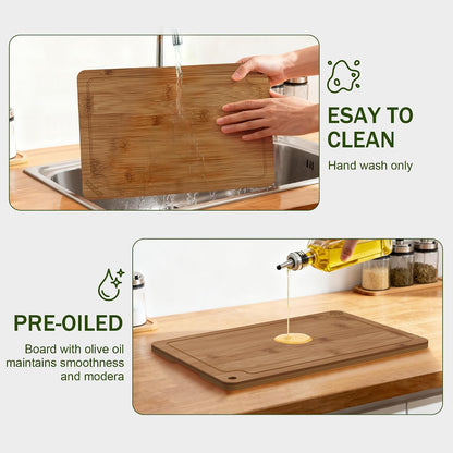 Bamboo Cutting Boards for Kitchen, Wood Cutting Board Set with Juice Grooves & Built-in Handles, Large Medium Small Chopping Board for Meat, Vegetables, Fruit