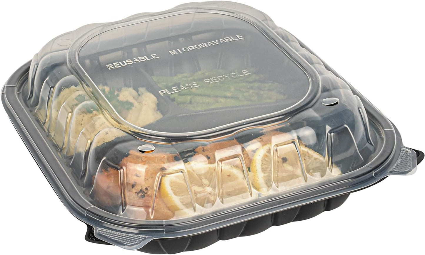 Thermo Tek 40 Ounce Clamshell Containers, 50 Disposable Take Out Boxes - 3 Compartments, Ventilated Lids, Black Plastic Meal Prep Containers, Microwavable, For Pasta Or Salads - Restaurantware