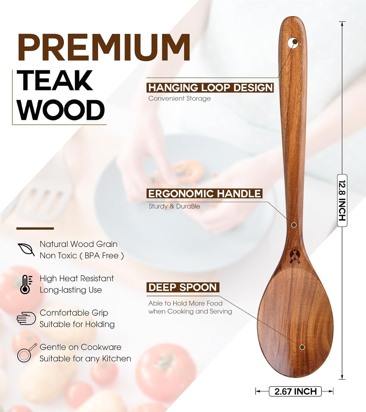 Wooden Spoons for Cooking, Premium Teak Wooden Cooking Utensils for Serving