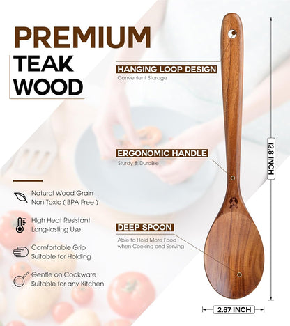 Wooden Spoons for Cooking, Premium Teak Wooden Cooking Utensils for Serving