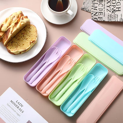 Jinei 50 Sets Reusable Travel Utensils Set with Case Wheat Straw Cutlery Portable Spoon Knife Forks Lunch Box Accessories Friendly Tableware for Kids Adults Camping Utensils(Bright)