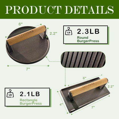 2.1lb Steak Weight & Burger Press, Grid Base, 7"X4" Rectangle Heavy Duty Cast Iron Grill Press with Wood Handle for Blackstone, Chef, Camp, Panini, Vegetable, Bacon, Sandwich, BBQ