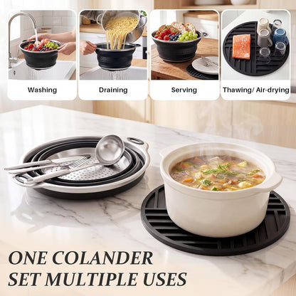 Collapsible Colander Set with Silicone Mat,2-in-1 Stainless Steel Colander for Kitchen, Foldable Metal Colander, Space-Saving for Pasta Veggies Fruit(NAVY BLUE)