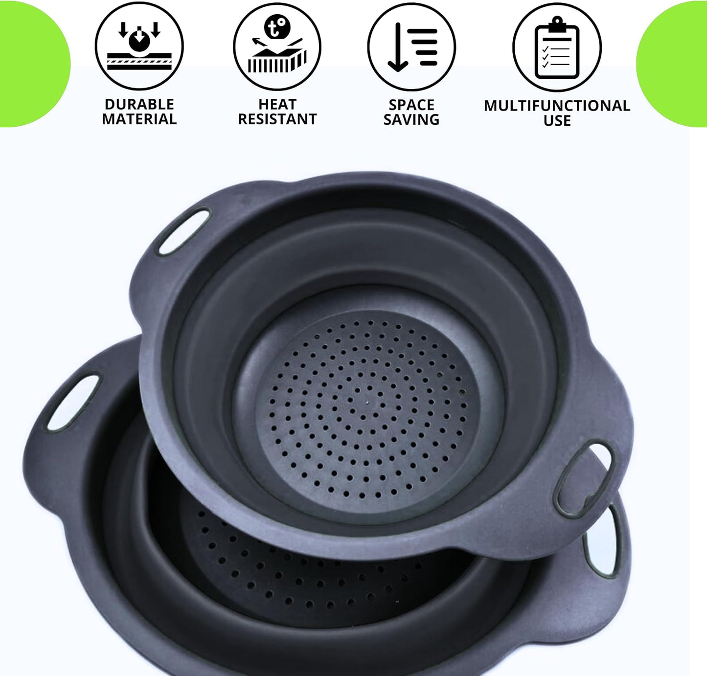 3PCS Green Foldable Kitchen Strainer Set – Silicone Colander Collapsible Strainers and Colanders Green Collander for Kitchen Collapsible Compact Drain Tools for Cooking Prep