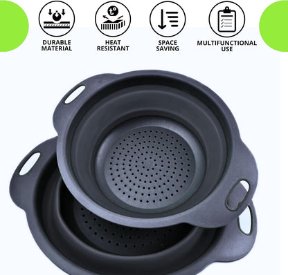 3PCS Green Foldable Kitchen Strainer Set – Silicone Colander Collapsible Strainers and Colanders Green Collander for Kitchen Collapsible Compact Drain Tools for Cooking Prep