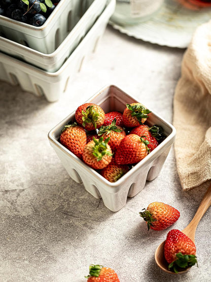 Gomakren Berry Bowls with Holes Ceramic, Berry Washing Bowl Basket Set of 2, 5.8 Inch Round Fruit Bowl Storage Containers, Strawberry Baskets, Farmhouse Kitchen Decor, Yellow + Brown