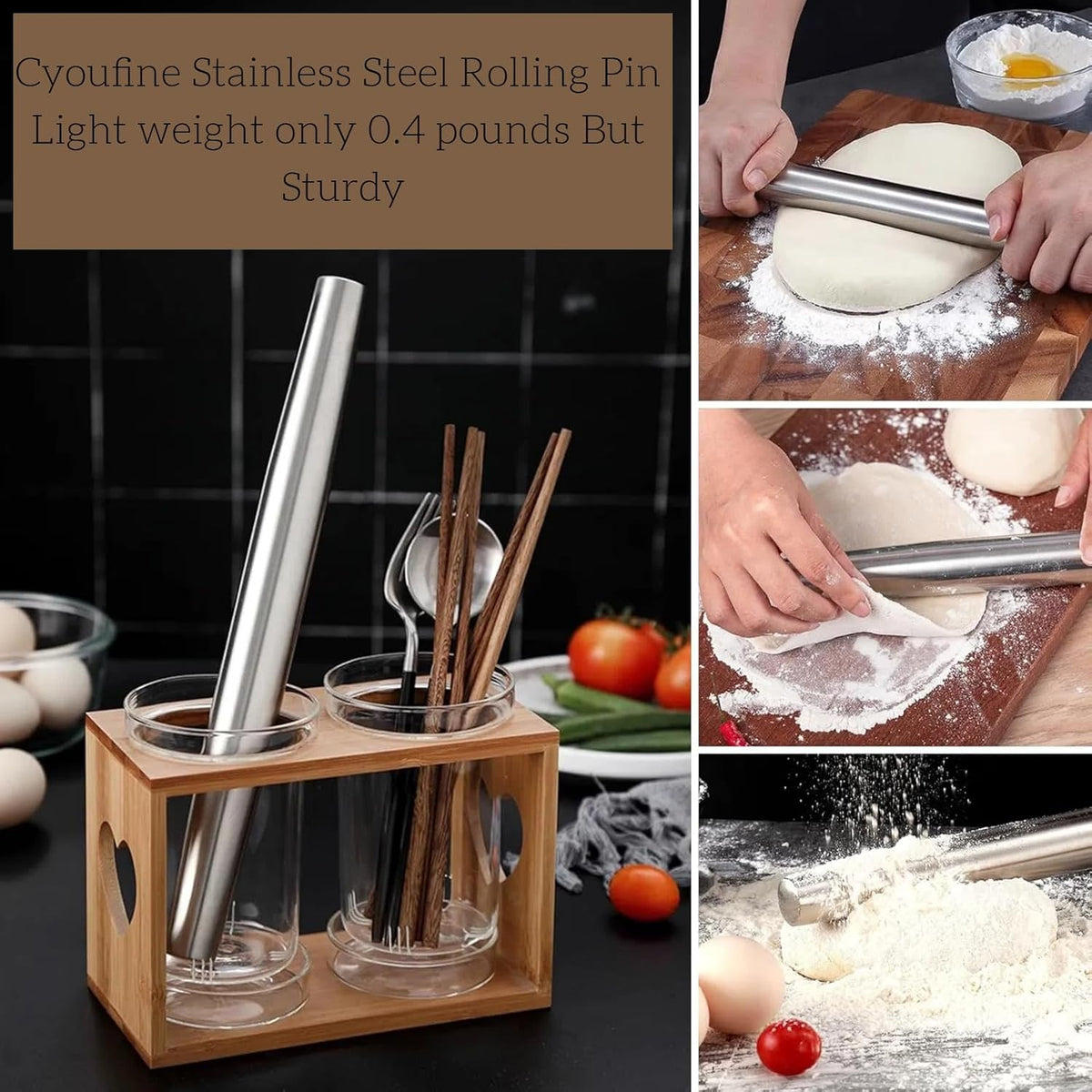 12.8-inch Stainless Steel Rolling Pin for Baking, French Smooth Metal Rolling Pin Kitchen Dough Roller for Fondant, Pizza, Pie, Cookie and Pastry