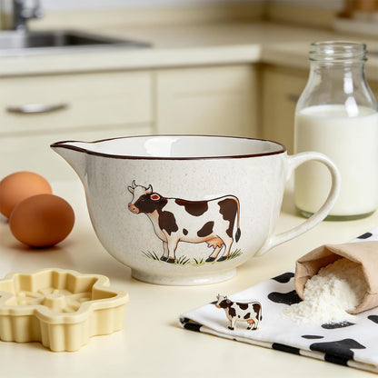 Gaolinci Cow Embossed Ceramic Mixing Bowl, 1 Quart Batter Bowl, with Pouring Spout and Handle