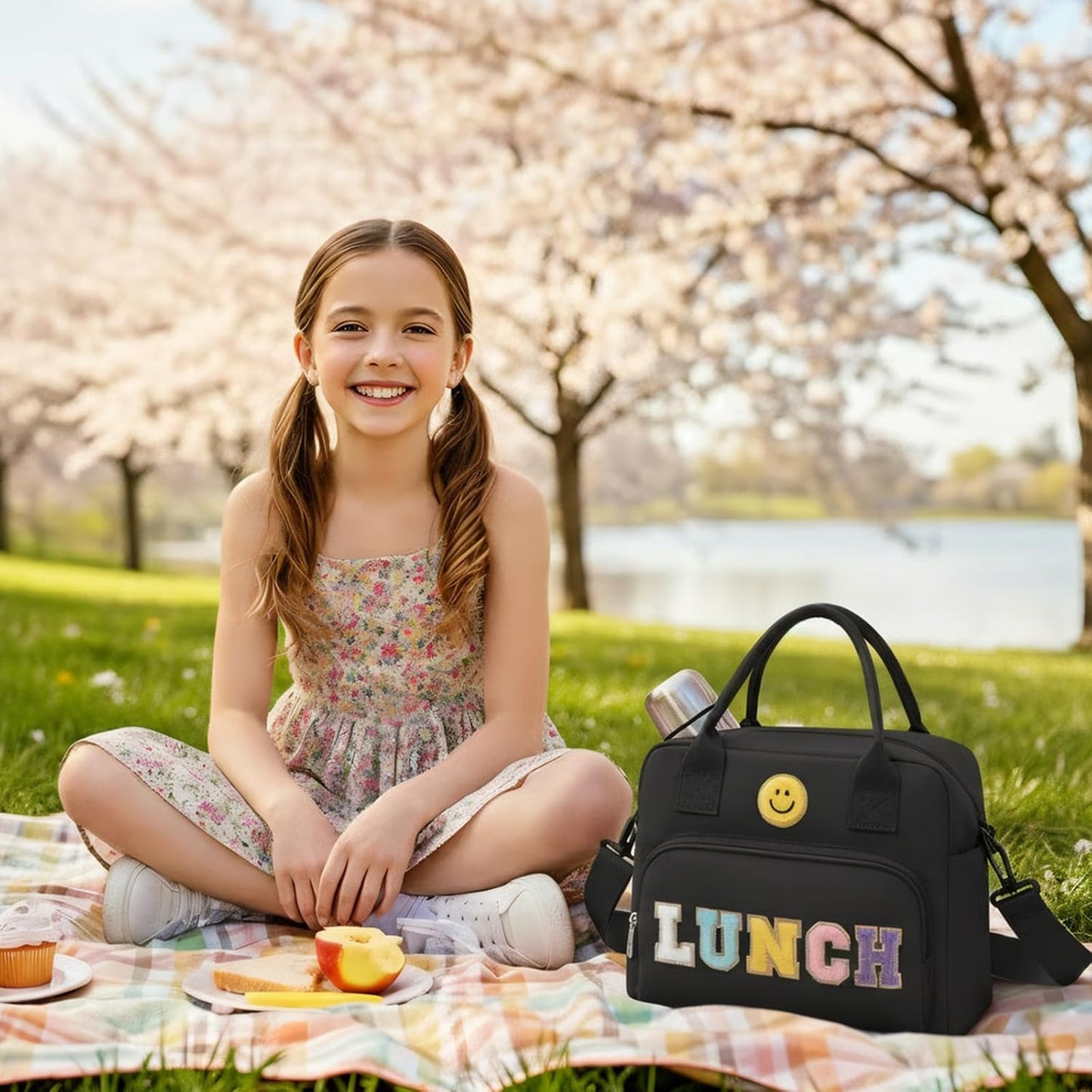 RLGPBON Insulated Lunch Bag Teen Girls, Preppy Lunch Box Large Insulated Lunch Bag Reusable Lunch Tote Bag, Preppy LunchBag for Girls School Travel Picnic