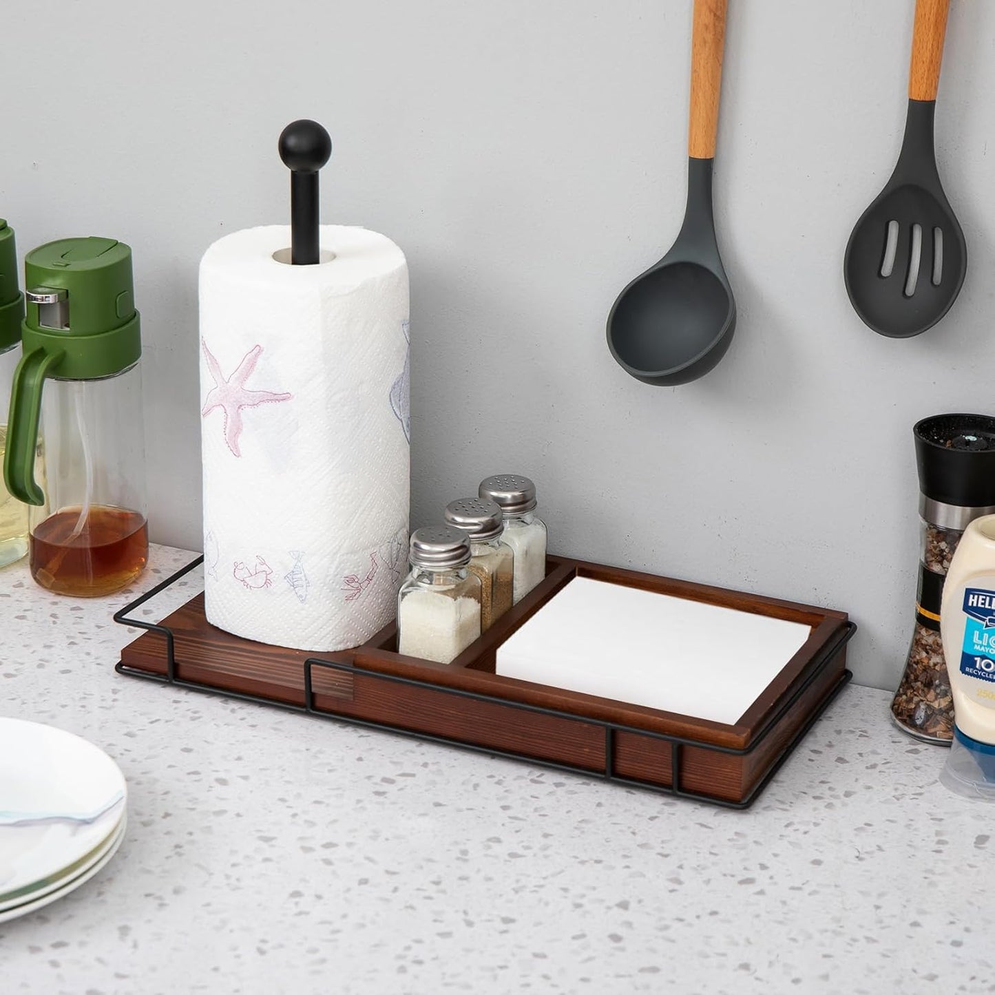 Rustic Brown Wooden Kitchen Countertop Paper Towel Roll Holder Spice Jar Rack Shakers Vintage Brass Metal Design Napkin Dispenser Dining Table Caddy Organizer Condiments Home Outdoor Picnic
