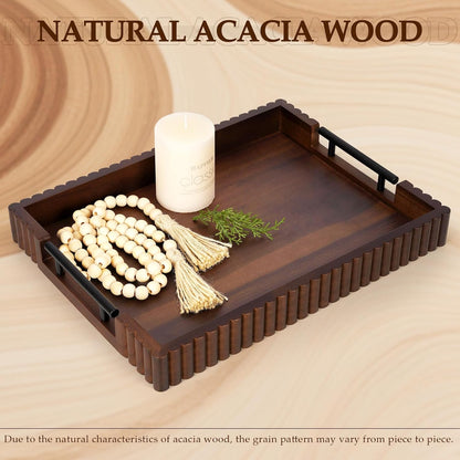 Acacia Wood Decorative Serving Tray with Handles, 16.7" x 12.8" Large Wooden Ottoman Tray for Living Room, Coffee Table Tray Decor for Food, Dinner, Tea or Breakfast in Bed (Natural)