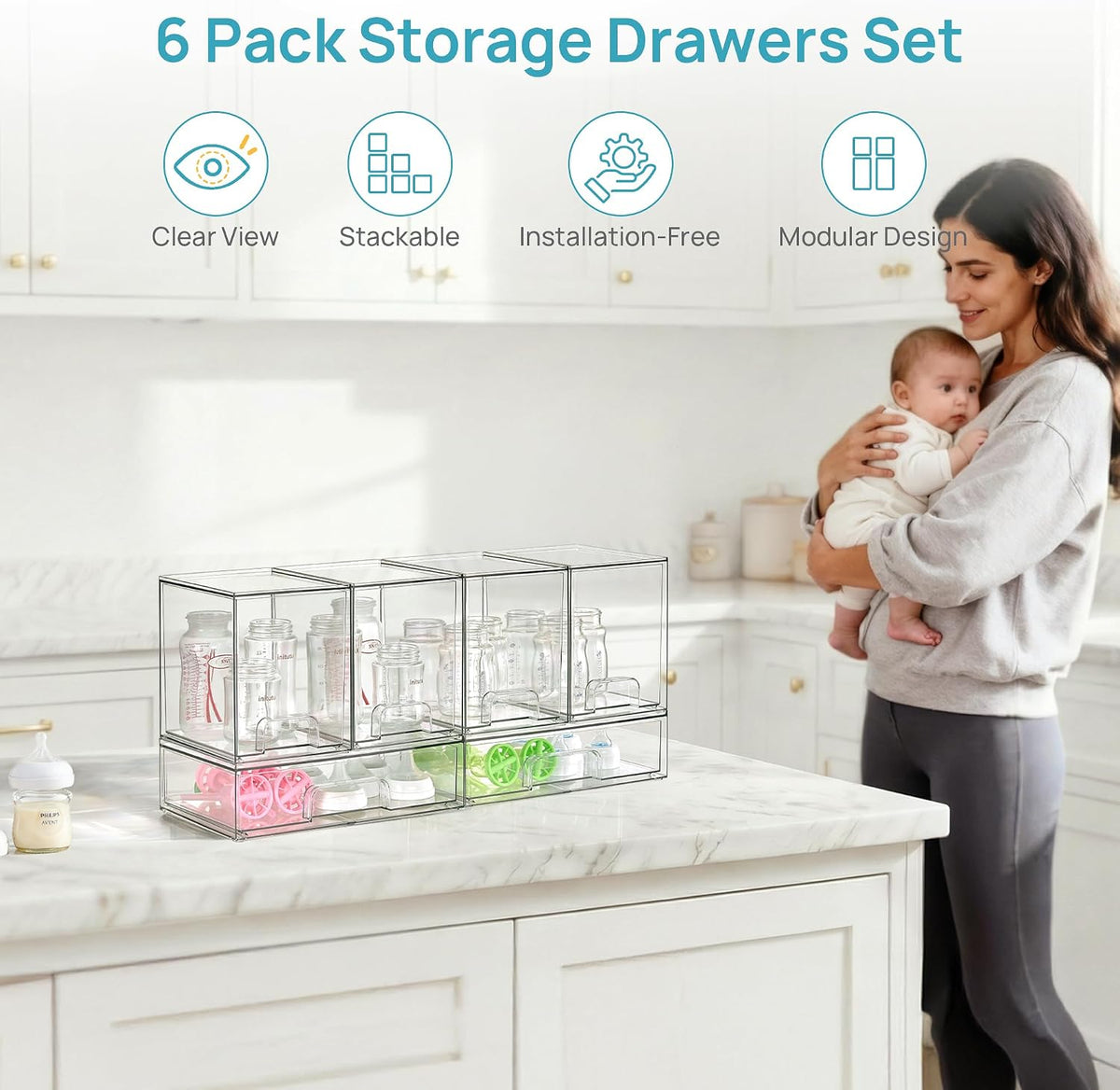 Vtopmart Stackable Storage Drawers Set of 5, Clear Plastic Organizer Bins for Baby Bottle, Beauty Supplies Storage, Ideal for Kichen Countertop, Vanity, Bathroom, Cabinet, Pantry Organization