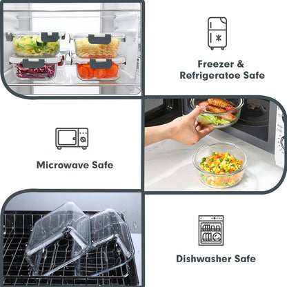 VERONES 30 Pieces Glass Meal Prep Containers Set, Stackable Glass Food Storage Containers with Lids-Airtight Lunch Containers，for Microwave, Oven, Freezer & Dishwasher,Grey