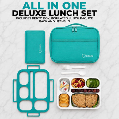kinsho Lunch Box for Kids Boys Girls - Bento Box Set with Insulated Bag and Ice Pack, 6 Compartment Leak Proof Food Container, BPA-Free, Microwave Safe, Ideal for School & Work, Teal