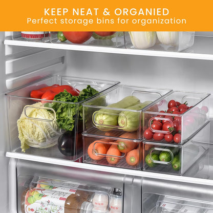 Stackable Refrigerator Organizer Large Bins, 6 Pack (3 Different Size) Clear Kitchen Organizer Container Bins with Handles for Pantry, Cabinets, Shelves, Drawer, Freezer, Fridge - Food Safe, BPA Free