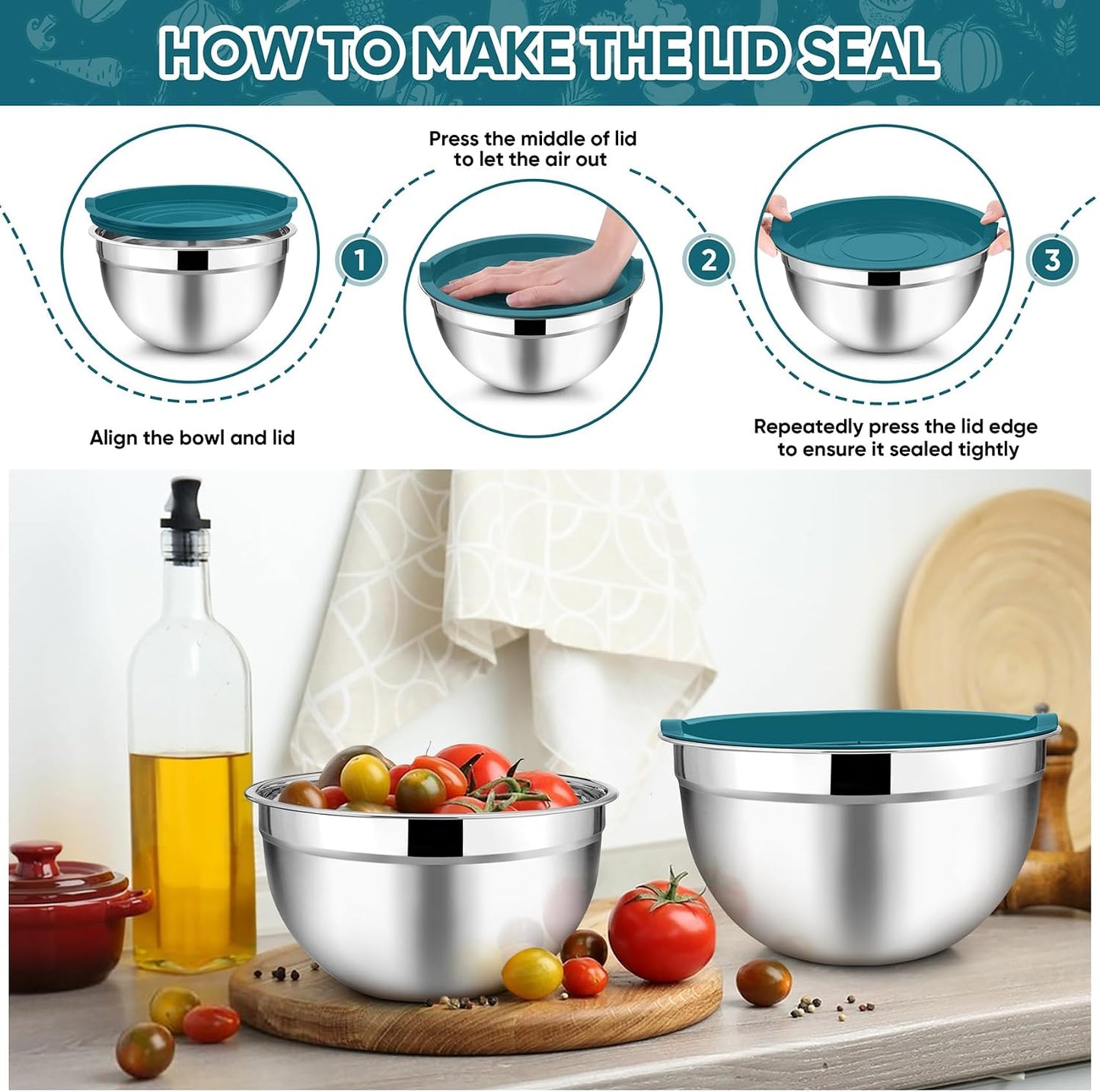 TeamFar Mixing Bowls with Lids, 5-Piece Stainless Steel Metal Nesting Salad Bowl for Mixing Prepping, Healthy & Heavy Duty, Airtight Lids & Dishwasher Safe, 4.5/3/1.5/1/0.7 QT-Khaki