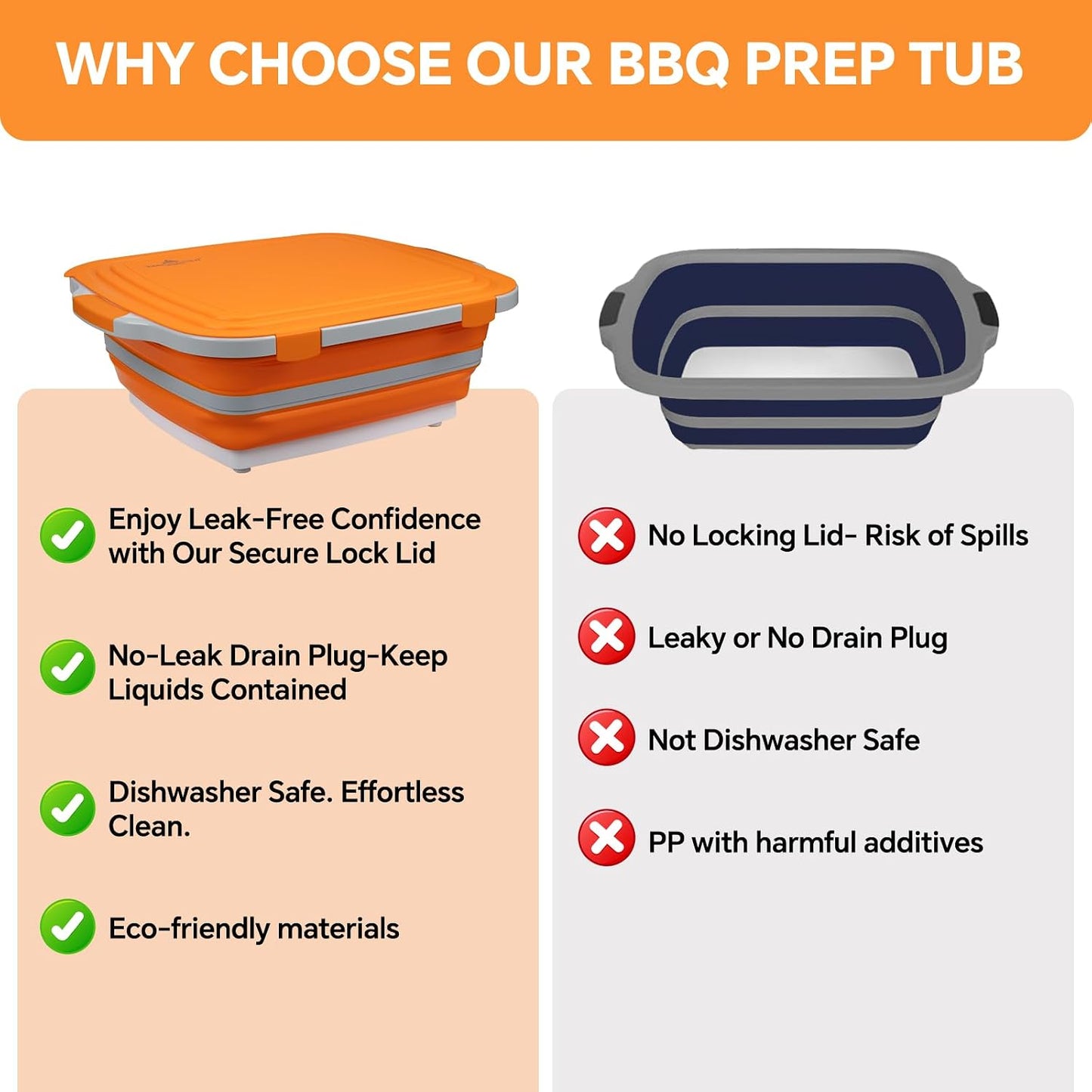 XUDAKAIXIN Collapsible BBQ Prep Tub for Meal Prep, Marinating,Food Storage, picnics, camping, barbecues,cutting fruits and vegetables - Includes Cutting Board and Locking Lid,(X-Large) Black
