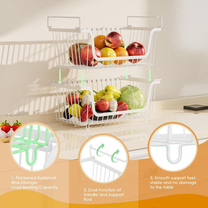 4 Pack Stackable Wire Baskets with Handles for Pantry Organizers and Storage, Fruit and Vegetable wire storage baskets, Potato and Onion Storage Bin, Metal Baskets for Organizing Snacks, Cans (White)
